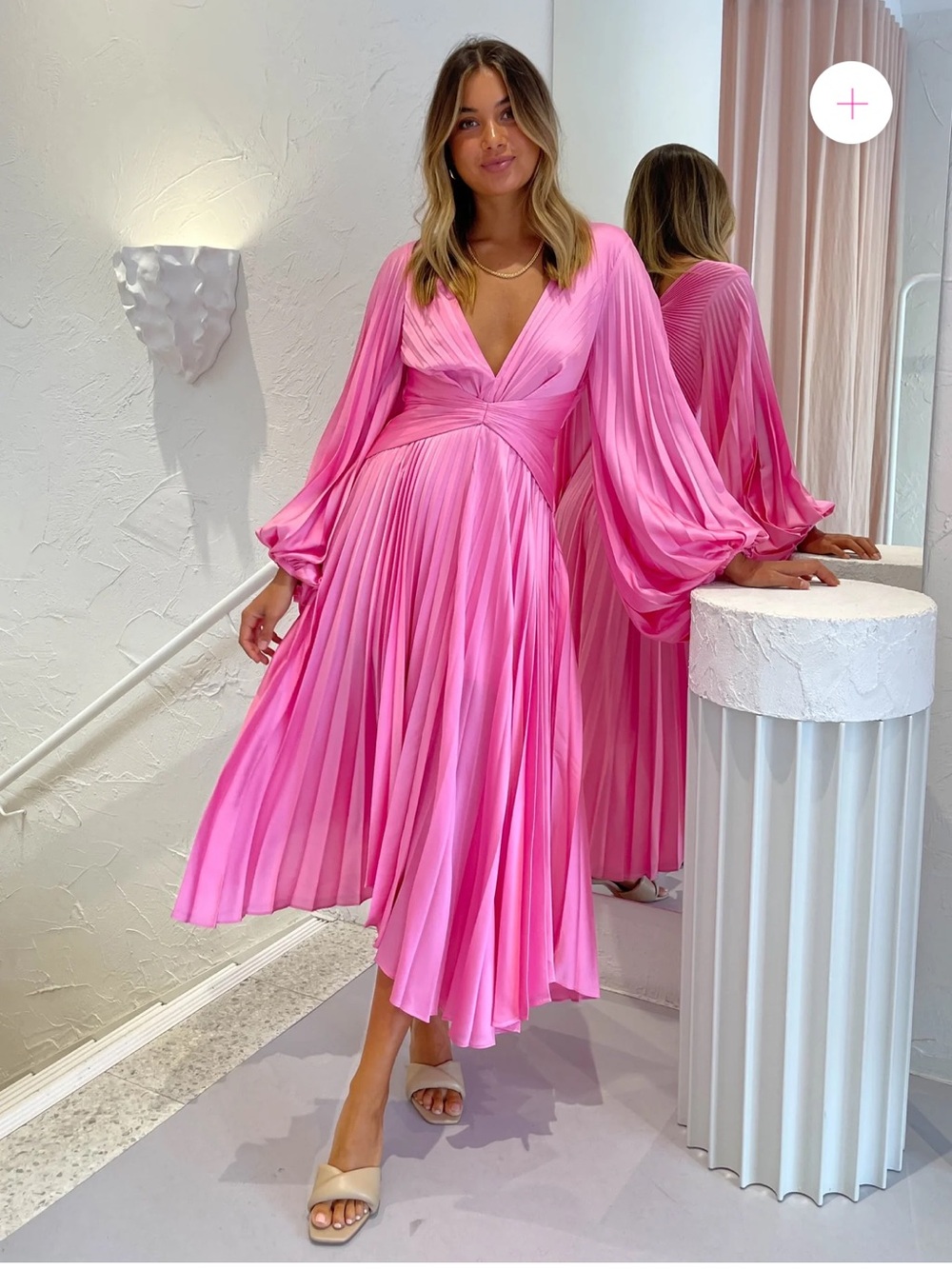 acler palms pink pleated v-neck ballon sleeve asymmetric midi dress size small